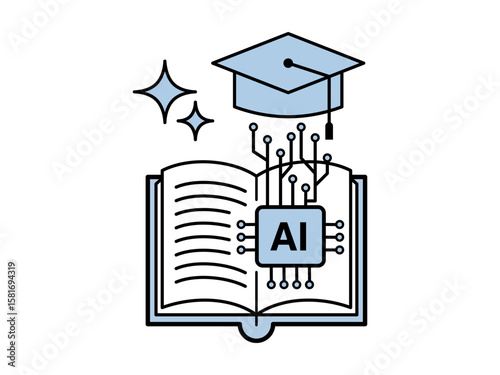 AI in Education. An illustration showing an open book with an AI chip, connected to a graduation cap, symbolizing smart learning and the future of education powered by artificial intelligence.