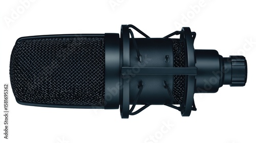 Professional microphone isolated on white background, showcasing crisp details from a top-down view.