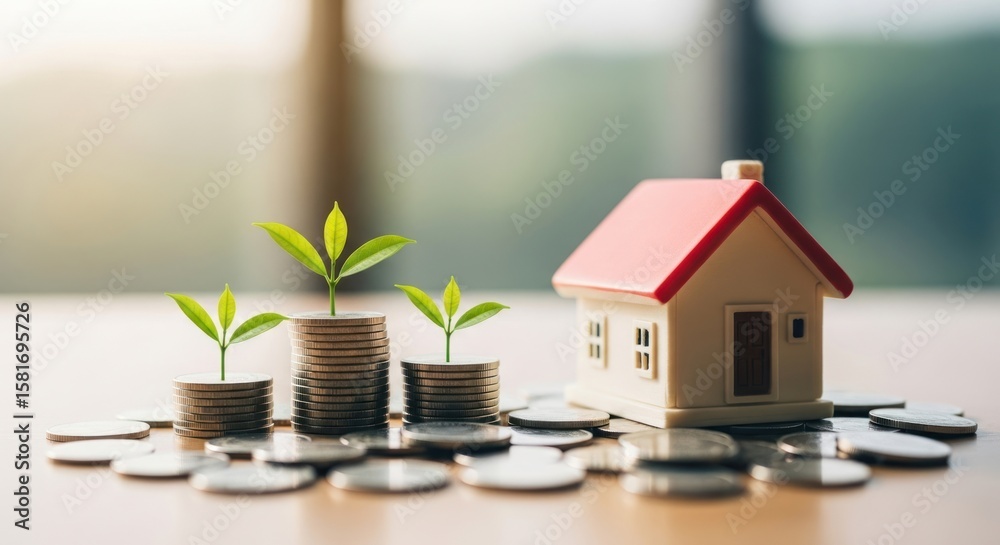 Stacks of coins with plants and a small house model representing growth and investment concept Stacks of coins with plants and a small house model representing growth and investment concept