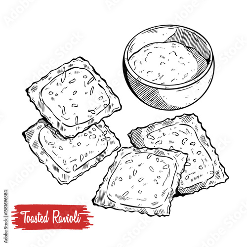 Hand drawing Toasted Ravioli illustration. Ravioli sketch food on white background