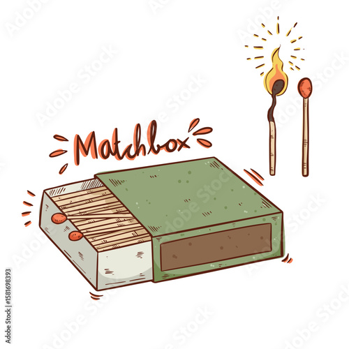 Matchbox or wooden matches hand draw illustration on white background
