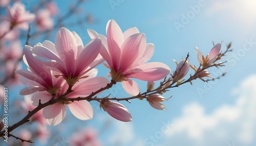 Magnolia blossoms grace a sunlit branch against a blue sky with soft clouds