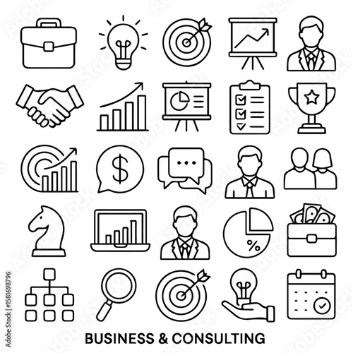 Business  Consulting Vector Icons Set: Strategy, Finance, Growth, Communication, and Success Concepts