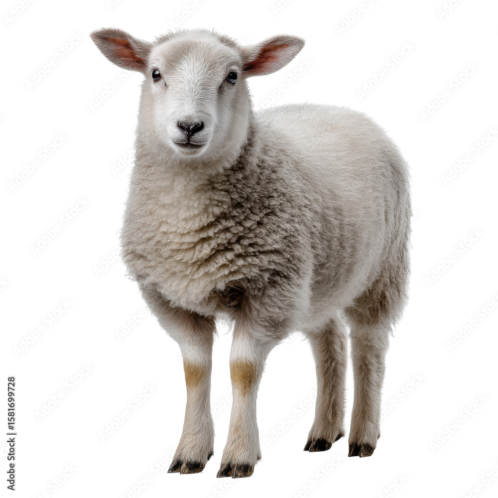 Fototapeta premium A young white sheep stands facing forward isolated on transparent background