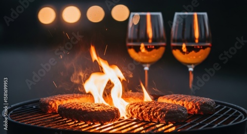 Burgers grilling over open flame with wine glasses in the background under soft bokeh lights