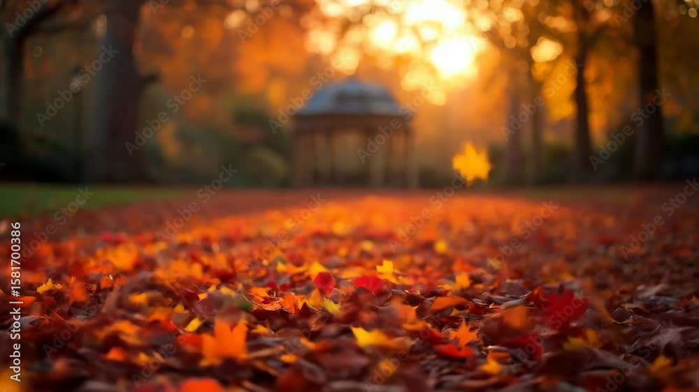 Autumnal Park Path at Sunset - A picturesque path covered in fallen autumn leaves leads towards a gazebo in a park bathed in the warm golden light of the setting sun.