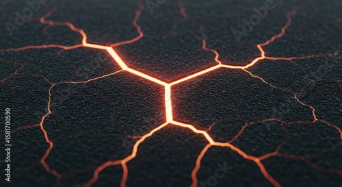 A close up of cracked ground with bright orange light emanating from the fissures and crevices below