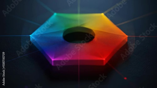 Abstract geometric hexagon shape with flowing colorful lines