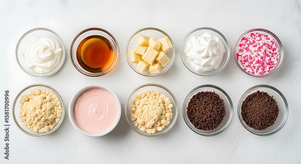 Overhead view of small glass bowls filled with dessert ingredients and toppings Overhead view of small glass bowls filled with dessert ingredients and toppings