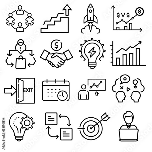 Startup business strategy icons for key strategies, perfect for presentations, websites, infographics, and marketing materials for entrepreneurs and startups.