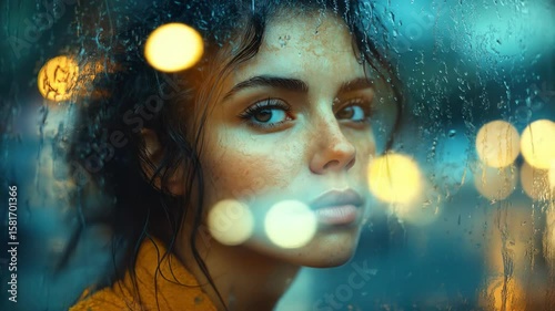 Contemplative woman looks out through a rain-streaked window