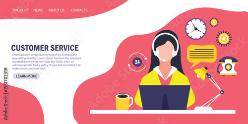 Customer service. Woman operators call center with headphones and microphone with laptop