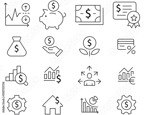 Investment line icon set. Containing as money, budget, mutual fund, asset,  income, dollar, card, coin, risk management, economy, financial gain and stock icons. Finance Management icon pack crafted. 