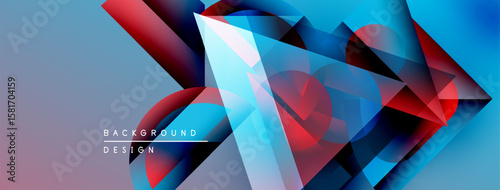 Abstract polygonal design. Blue, red hues dominate composition. Modern, dynamic visual effect. Gradient background creates depth.