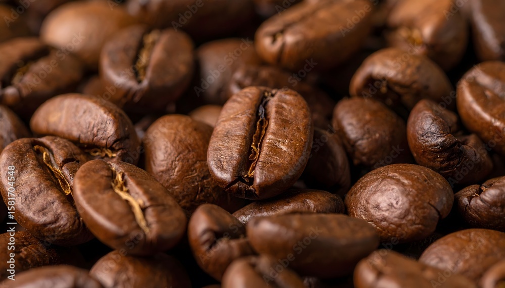 Fototapeta premium Roasted coffee beans close-up, showcasing rich textures and warm, inviting aroma
