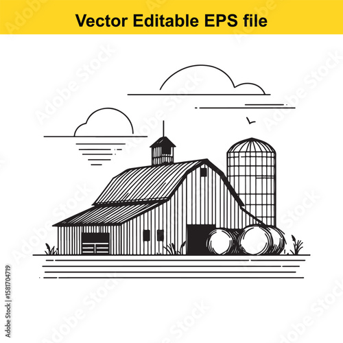 Farm barn and silo with hay bales under a cloudy sky