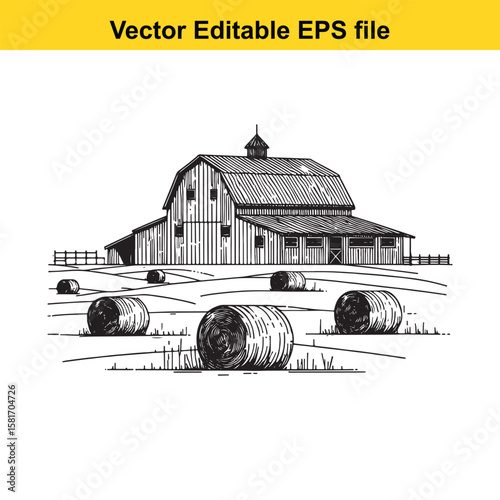 Rustic barn and hay bales in a countryside landscape