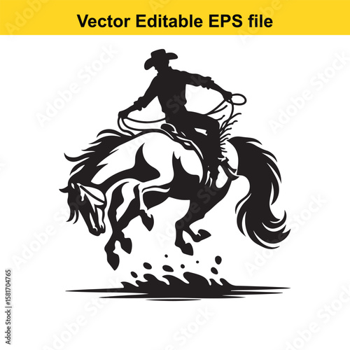 Cowboy riding a bucking horse in silhouette