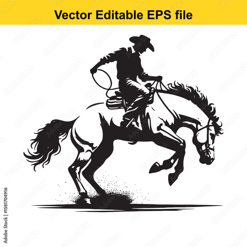 A cowboy riding a horse, captured in a dynamic silhouette