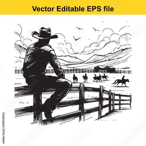 Cowboy sitting on a fence overlooking a ranch with horses
