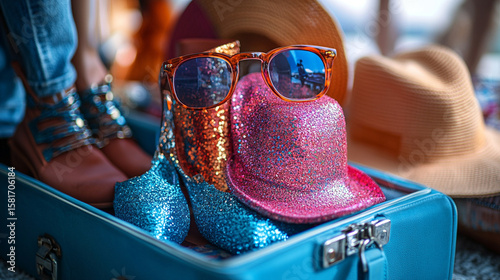Sunglasses on sparkly hat in open suitcase with shoes at market