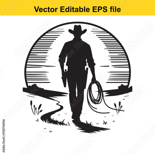 Cowboy with lasso walks in a circular western scene