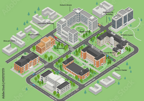 Isometric Campus Map Architectural Renderings of Academic Buildings and Green Spaces for University Planning