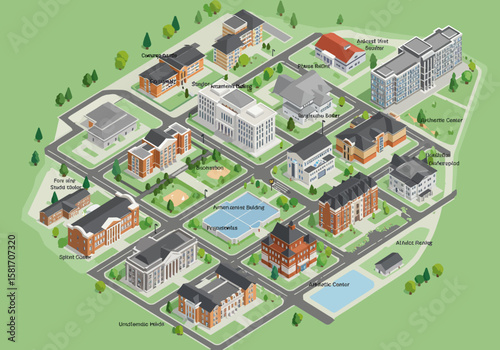 Campus Overview A Detailed Vector Illustration of University Buildings and Landscape, Ideal for Orientation and Mapping Applications