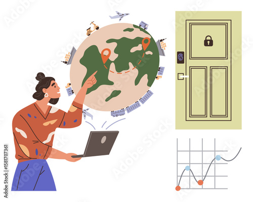 Woman using laptop, pointing at global map with shipping routes and transport. Closed door with lock symbolizes security. Graph suggests data analysis. Ideal for logistics, security, technology