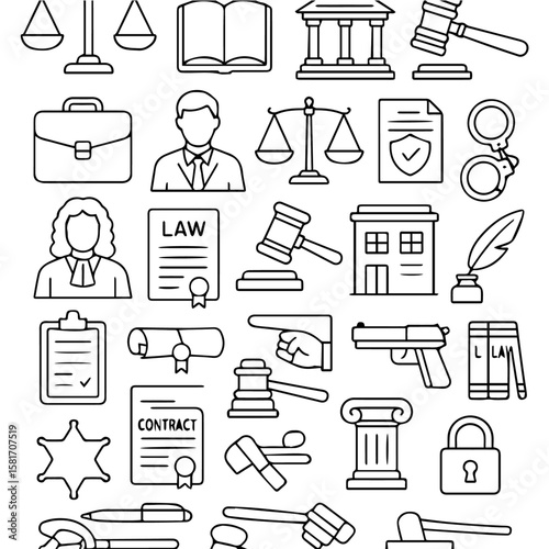 Detailed Outline Icons Set for Law, Justice, and Legal Professions