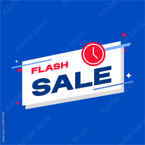 Flash Sale Banner with Clock Icon on Blue Background, Limited Time Promotion Label Design