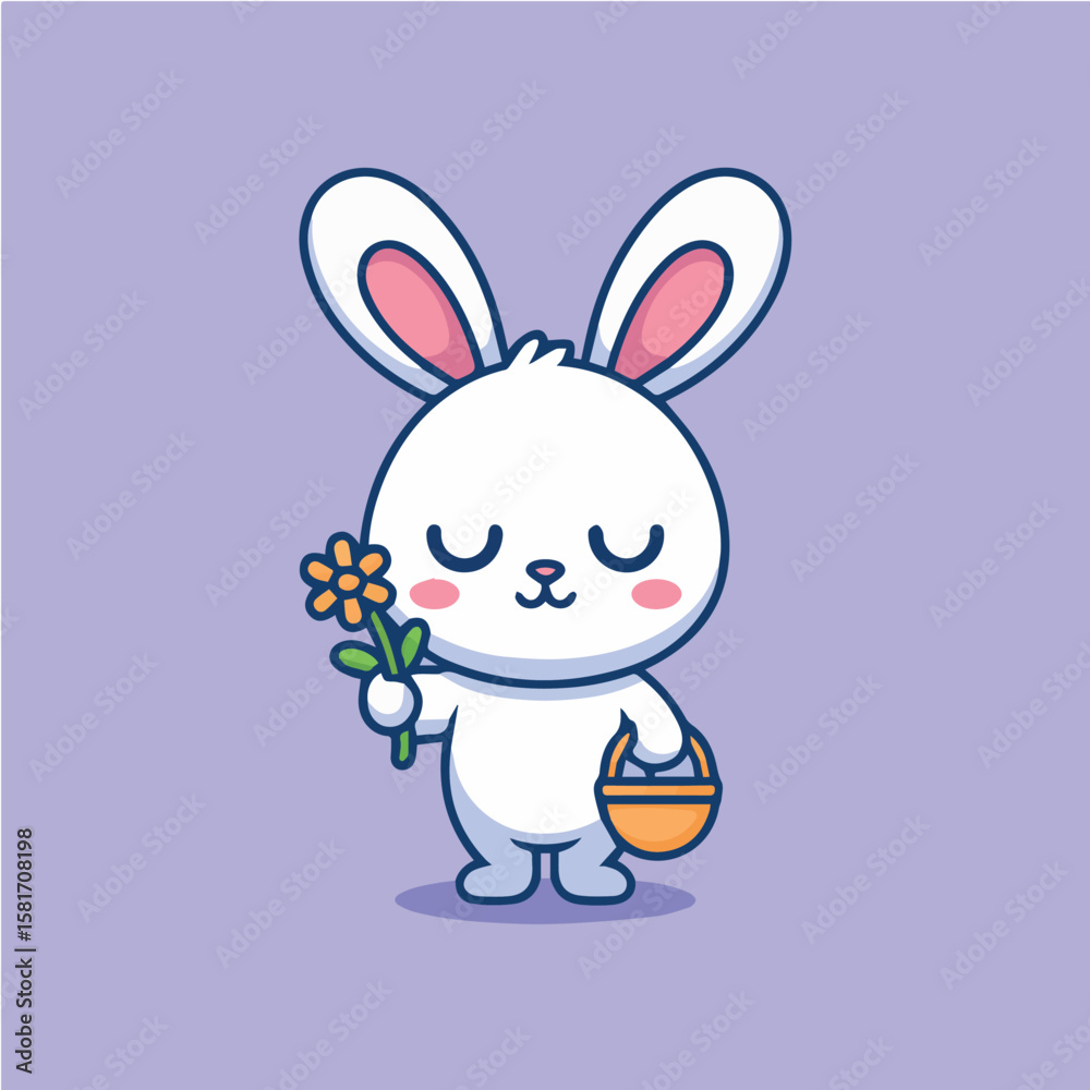 Obraz premium Vector cute easter bunny cartoon holding flower and basket illustration vector art