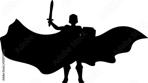 Silhouette of a caped warrior wielding a sword and shield in a triumphant pose against white background