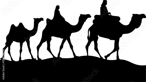 Silhouette depiction of three camels walking across a landscape with riders on two of the camels shown