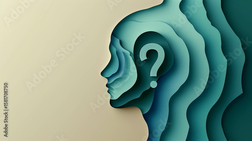 Abstract layered paper-cut silhouette of human head with ear and question mark
