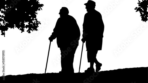 Silhouette of two elderly people walking with canes near trees in a black and white landscape view