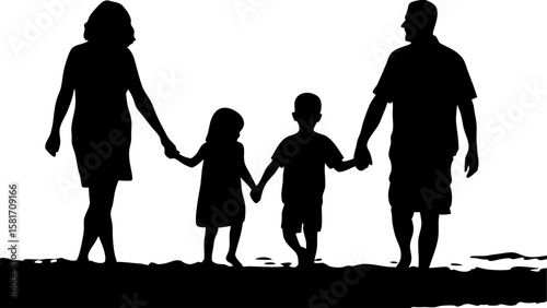 Silhouette of a family walking together holding hands on a beach with the ocean in the background image