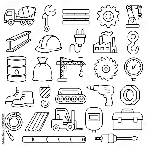 Comprehensive Collection of Industrial  Construction Icons: Heavy Machinery, Hand Tools, Safety Equipment, and Building Materials in Detailed Line Art.