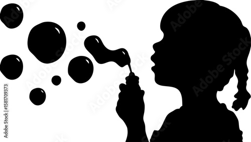 Silhouette of a girl blowing bubbles with a wand creating floating spheres in a monochrome illustration