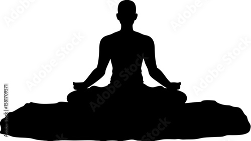Silhouette of a person meditating in lotus position sitting on a rock formation against white background