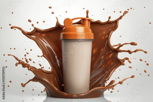 Protein shaker cup with chocolate protein drink splash background image art