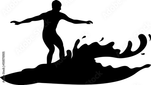 Silhouette of a surfer riding a wave with arms outstretched for balance in a black and white image