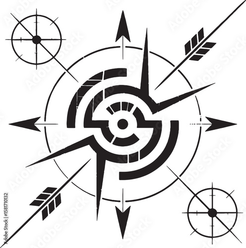 Black abstract compass rose with arrows and circular elements directional