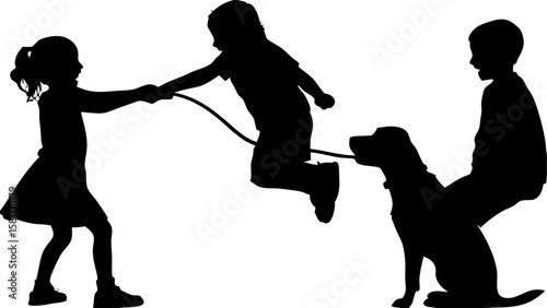 Silhouette of two children playing with a dog by using a leash as a jumping rope in black color