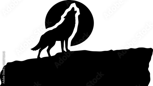 Silhouette of a wolf howling at the moon standing on a rocky cliff against a white background design vector