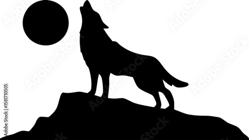 Silhouette of a wolf howling at the moon standing on a rocky outcrop under a night sky landscape