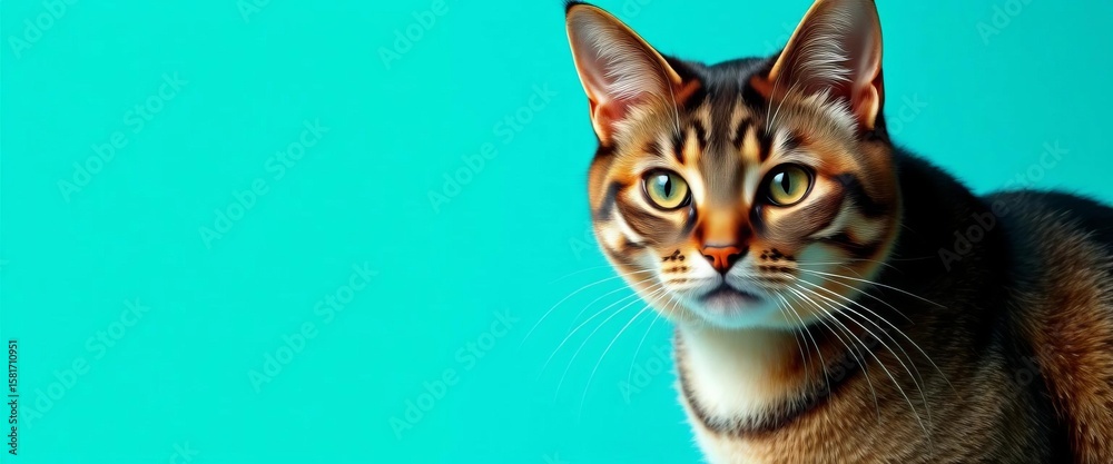 Fototapeta premium A sleek American Shorthair cat poses against a vibrant teal backdrop, cat, playful