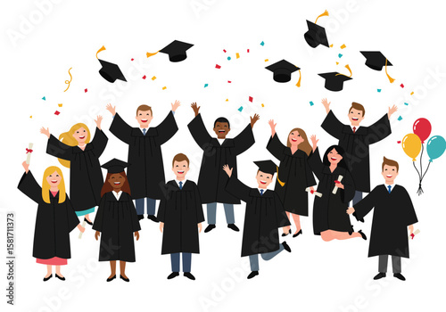 Graduation Celebration Students Throw Caps in the Air with Joyful Smiles and Colorful Confetti