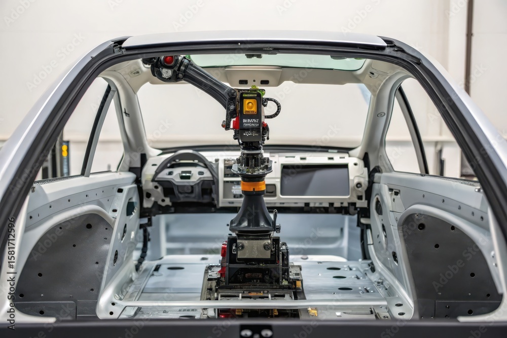 Fototapeta premium Robotic Arm Attaching Components Inside a Clean Car Interior Dashboard Frame