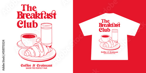  vintage illustration of coffee and croissant for breakfast Graphic Design